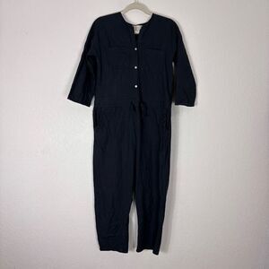 Hackwith Design House Jumpsuit Navy Blue Button Front Short Sleeve Size Medium
